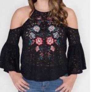 Flying Tomato floral black lace cold shoulder top